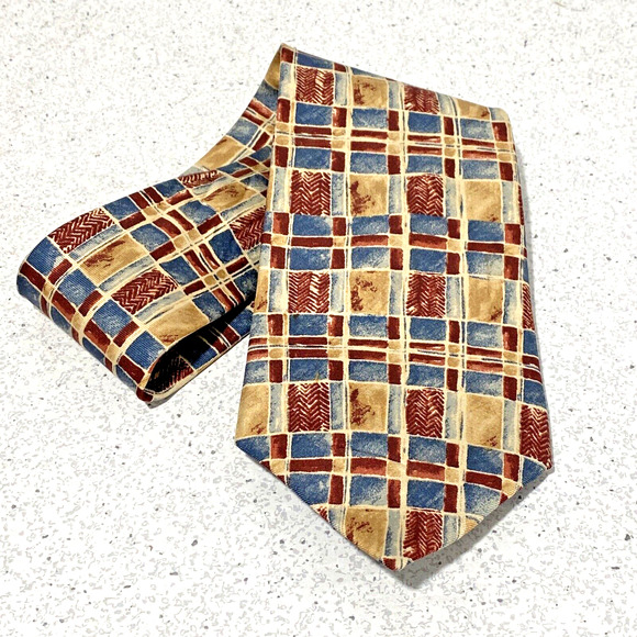 Vintage Oscar De La Renta Silk Tie Necktie Luxury Made in USA Mod Retro tan blue - Picture 7 of 7
